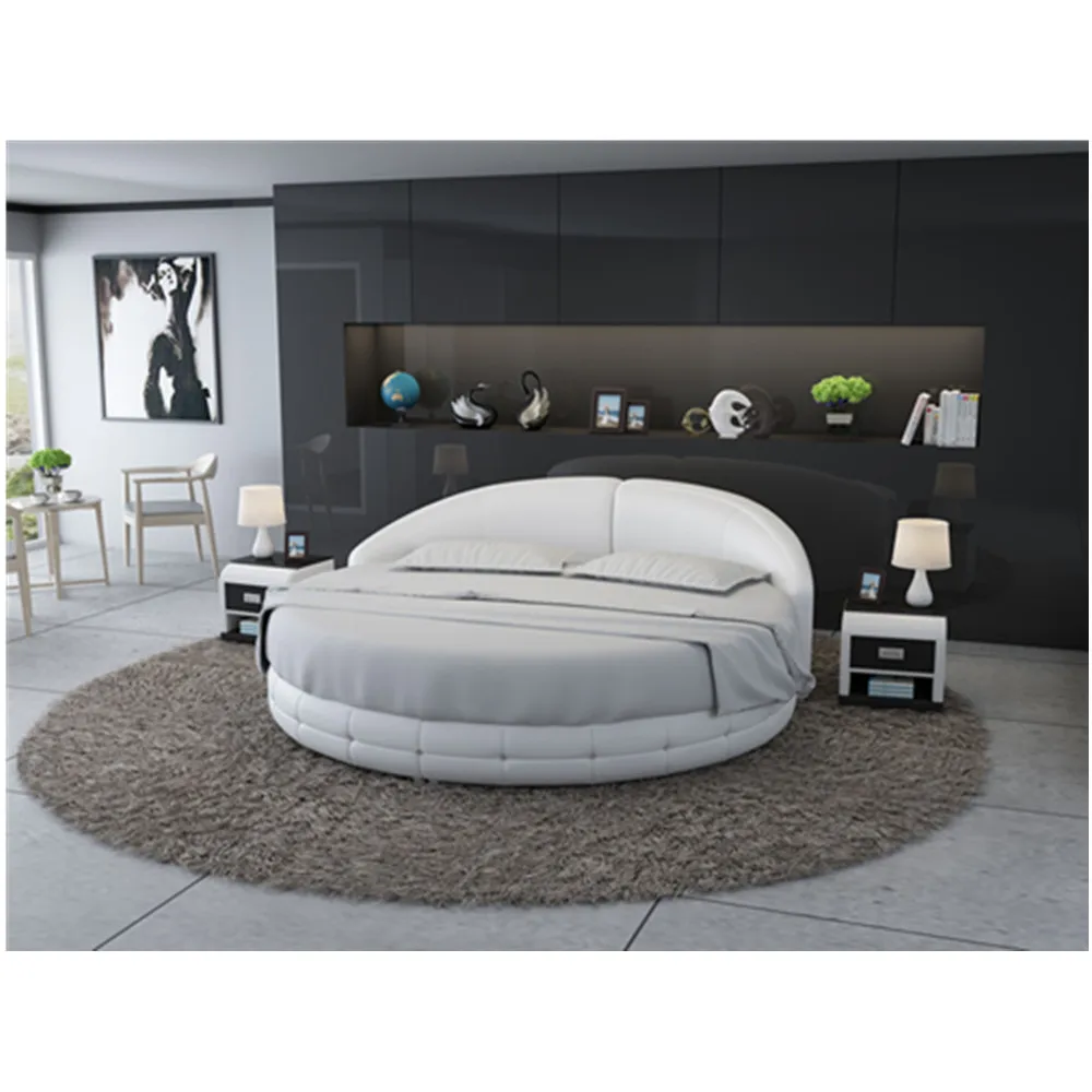 High-end king size Italian white/black genuine leather round bed