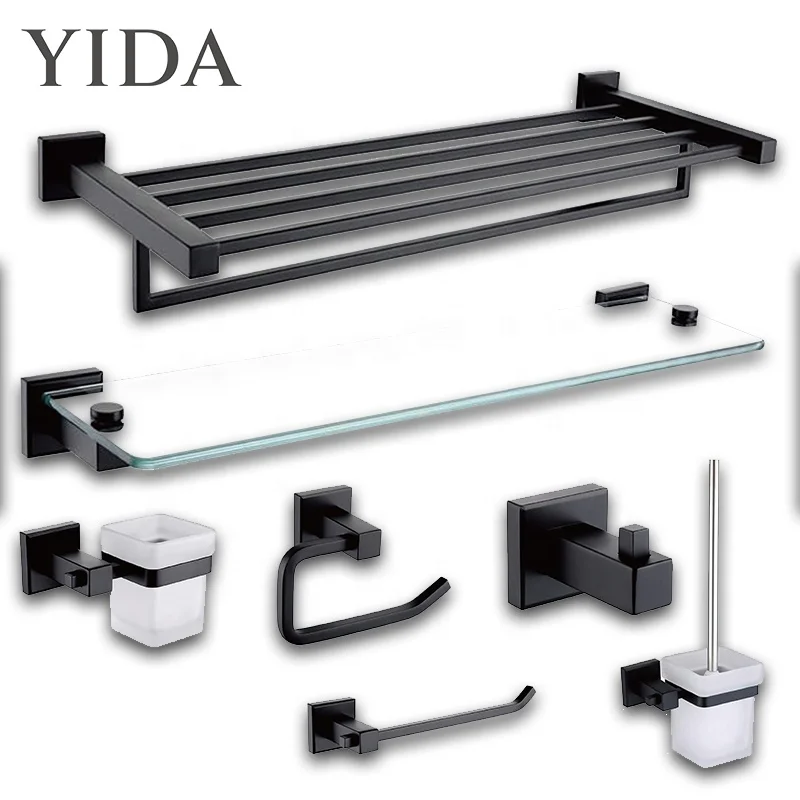 Spa Antique Black Towel Wall Mount Shelf Paper Roll Holder Bathroom Accessories Set Ring Glass Designer Hotel Luxury China Metal