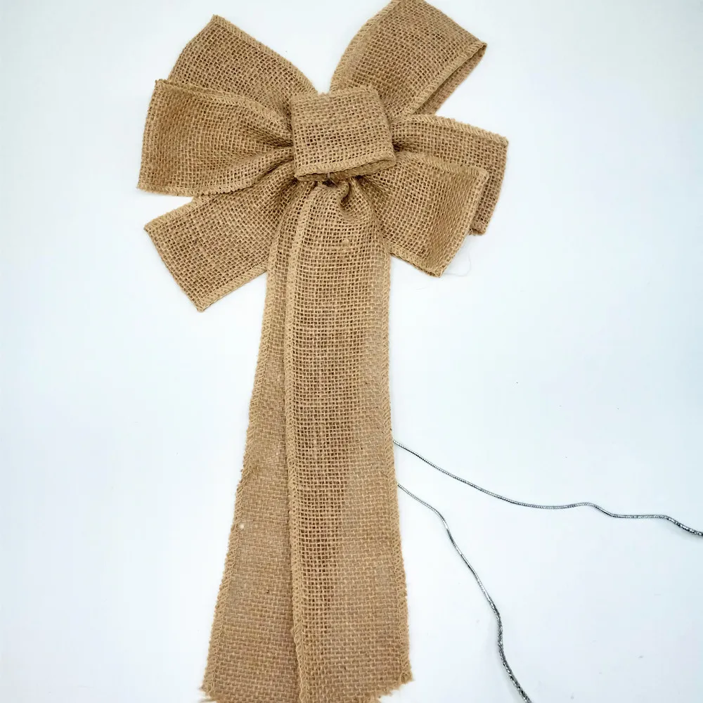 Wholesale Large Decorative Bow Holiday Natural Brulap Pre- Tied Bowknot christmas snowflakes Glow bow tie  With Green Stick