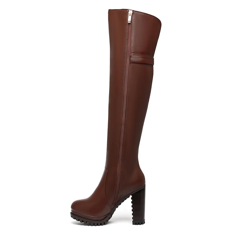 Factory E329 Women Round Toe Platform Shoes Fur Lining High Heel Knee Boots