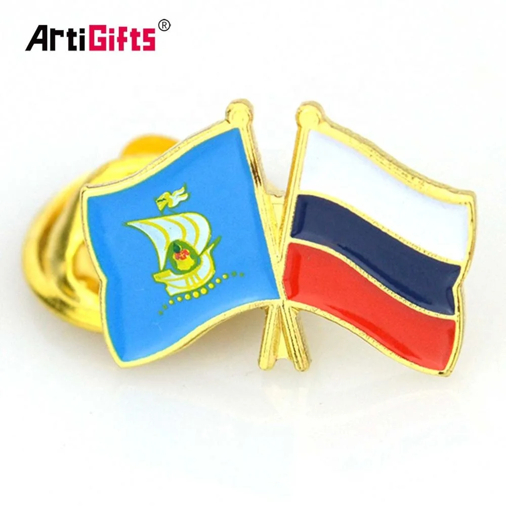 No Minimum Custom Oem Made Metal Crossed Two Country National Gold Double Flag Lapel Badge Pin Enamel Color