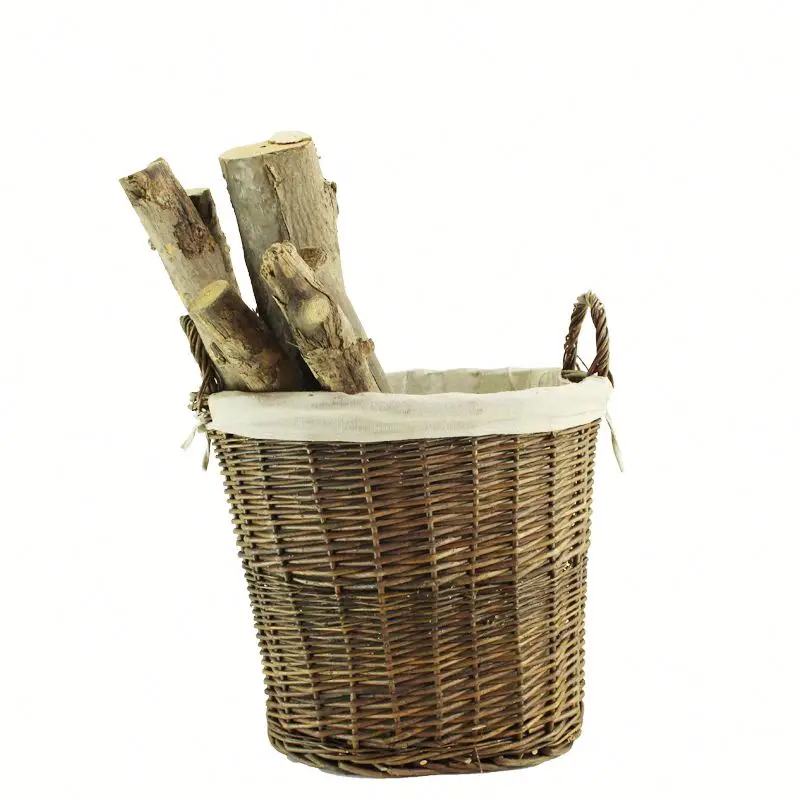 Wooden Garden Small Round Wicker Log Basket With Lining
