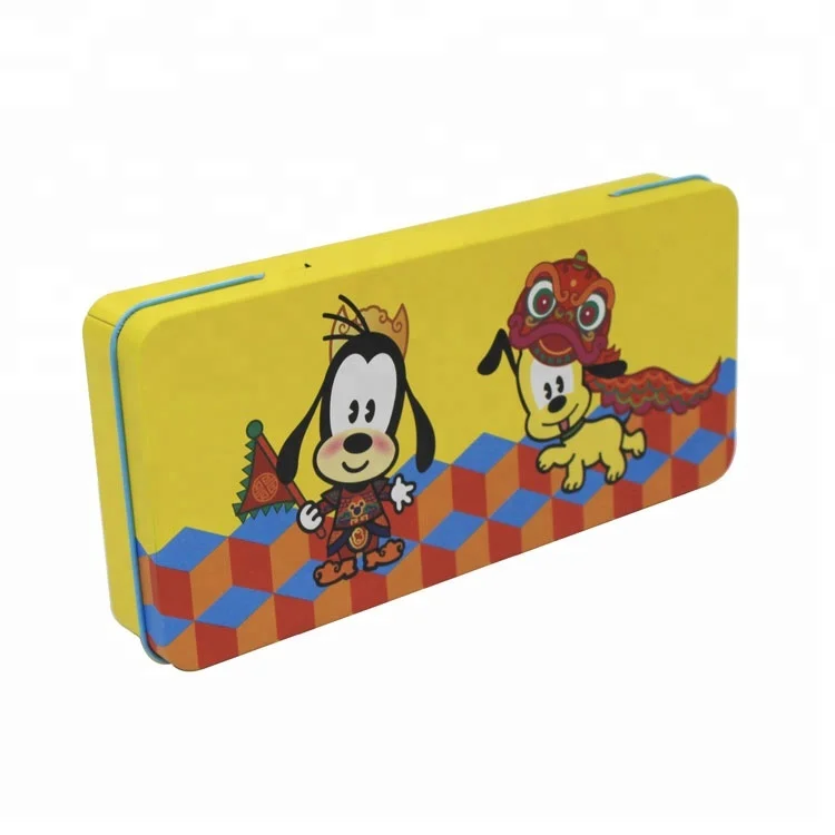 School use cute cartoon design hinged lid metal tin pencil case pen box stationery box 205x95x30 mm