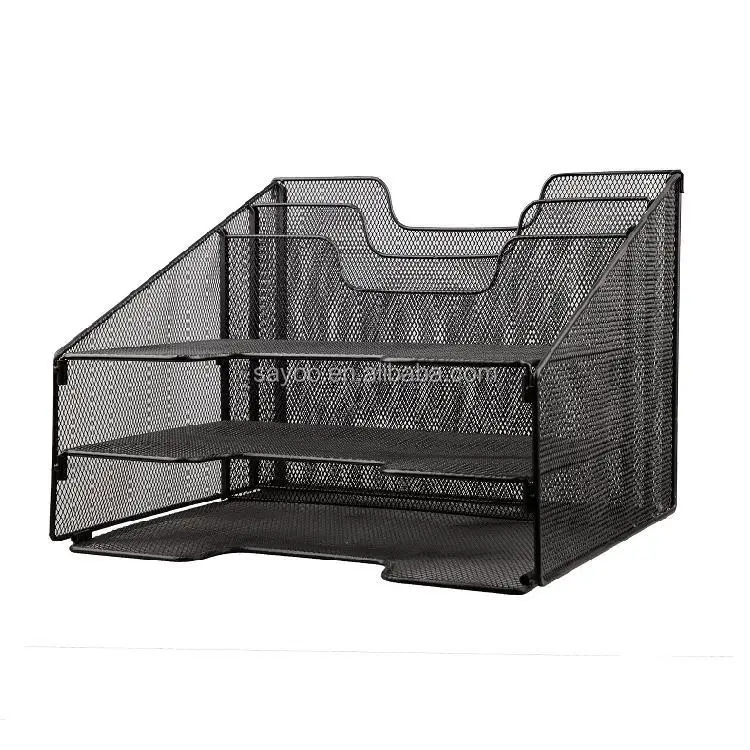 New design black metal mesh three layer file document tray