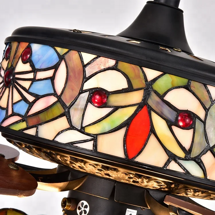 
Customized Tiffany Style matte black cheap price ceiling fan light led chandelier ceiling fan With 5Pcs Wood Blades 