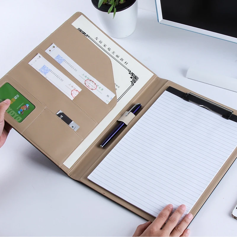 
High quality a4 A5size business leather portfolio pu Conference Folder With Notepad Holders stationery factory zipper folders 