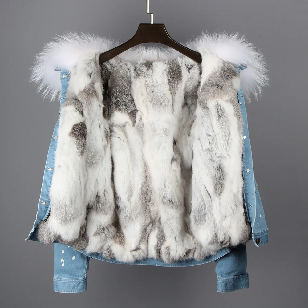 Raccoon fur collar coat and rex rabbit fur lining removable hooded denim jean jacket woman parka