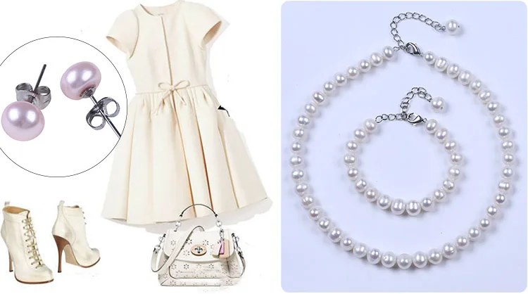 Simple Sterling Sliver plated real freshwater potato pearl necklace  jewelry set