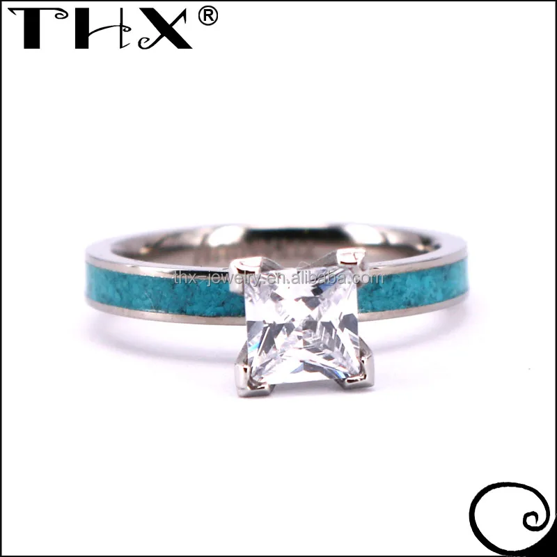 4mm Crushed Turquoise Women Ring Woman Titanium Wedding Engagement Ring Design Big Prong Set Cubic Zirconia Titanium Ring