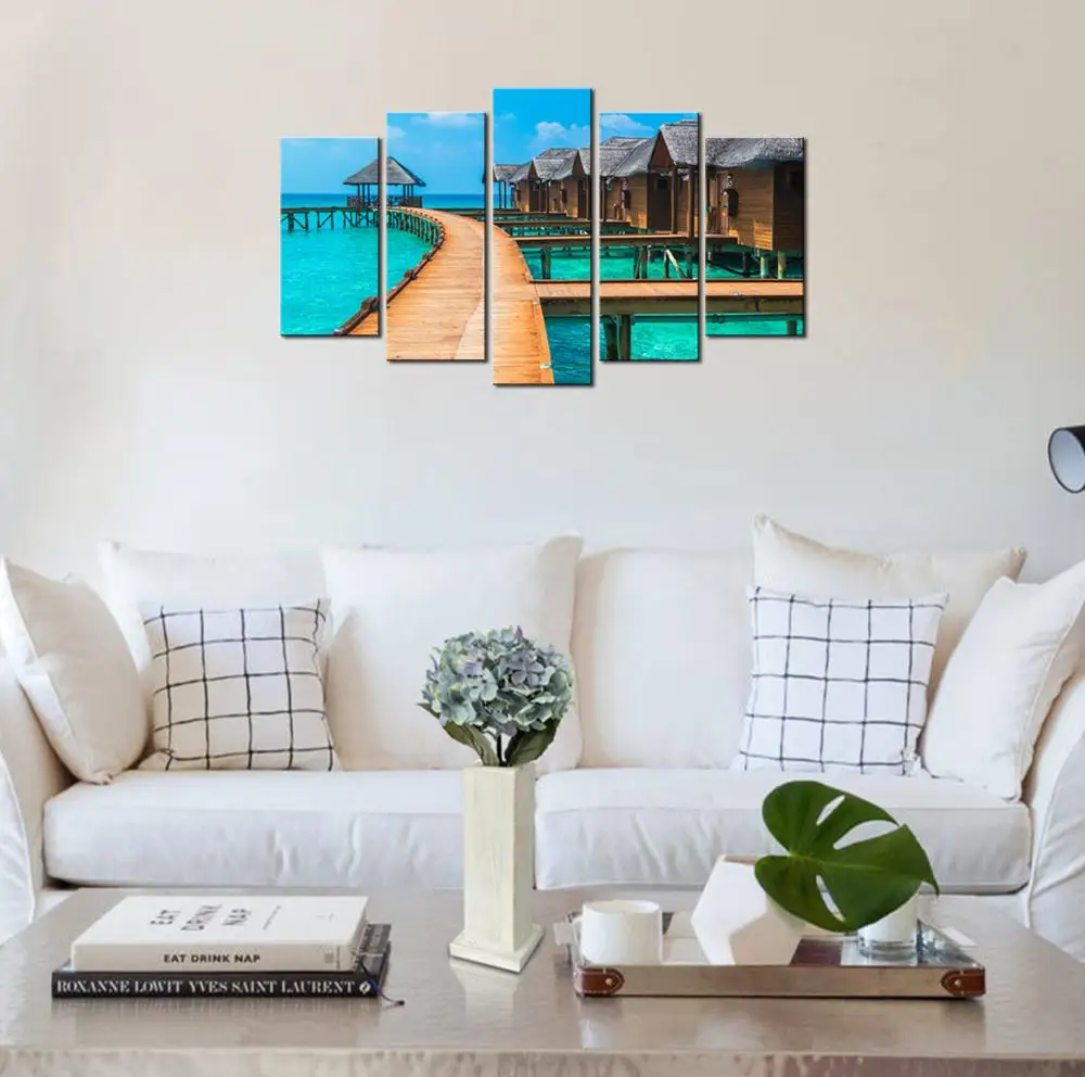 Украшение для дома и офиса, настенное искусство с деревянной рамкой, 5 шт., скала над голубым океаном, пейзаж, Картина на холсте, картина маслом