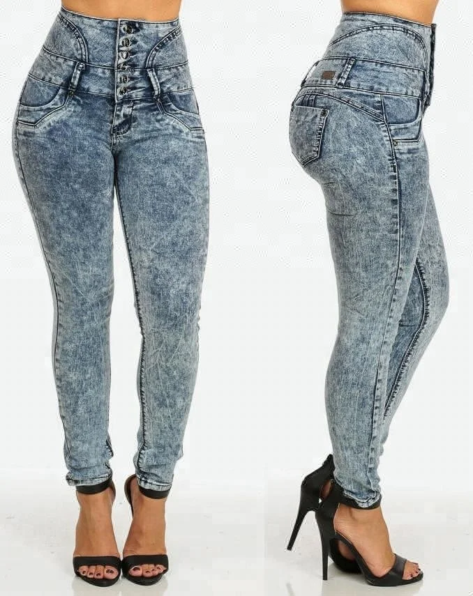 Royal wolf denim jeans manufacturer dark blue acid wash six button wide high waist butt lift skinny brazilian jeans