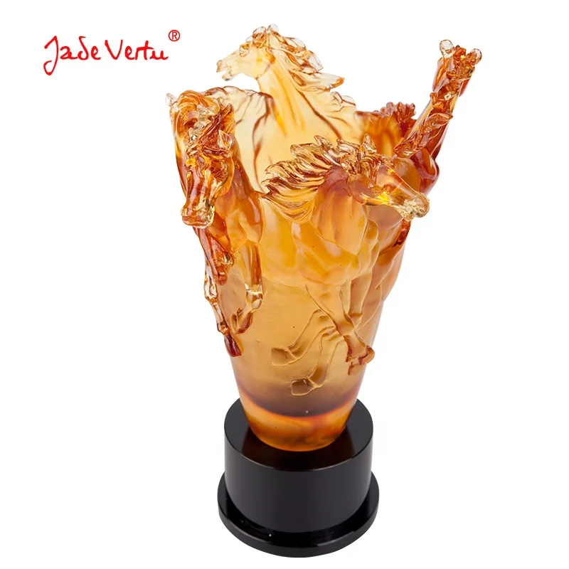 Premium gift horse art glass trophy pate de verre crystal trophy cup