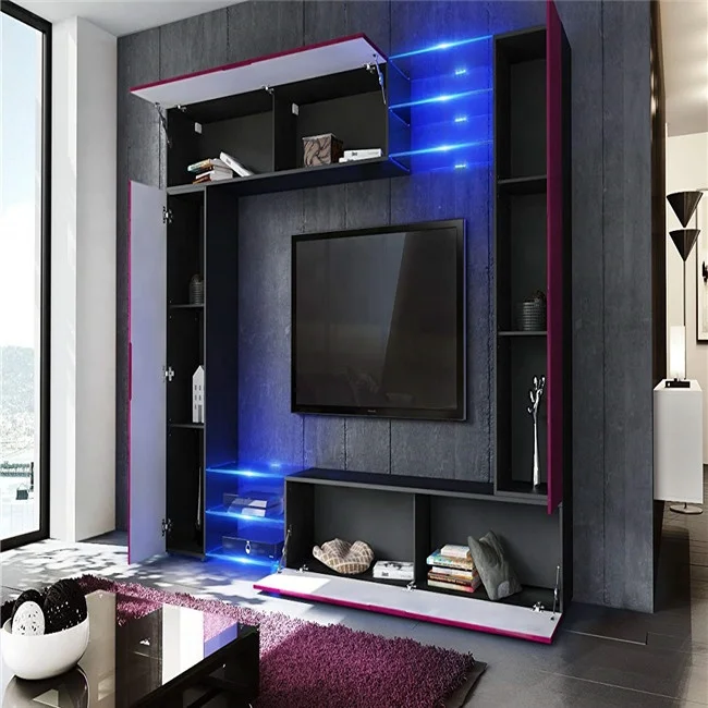 High Gloss Led lighting Glass Shelves Wooden  Living Room Cabinet Tv Bench with 2 Flaps for Apartment