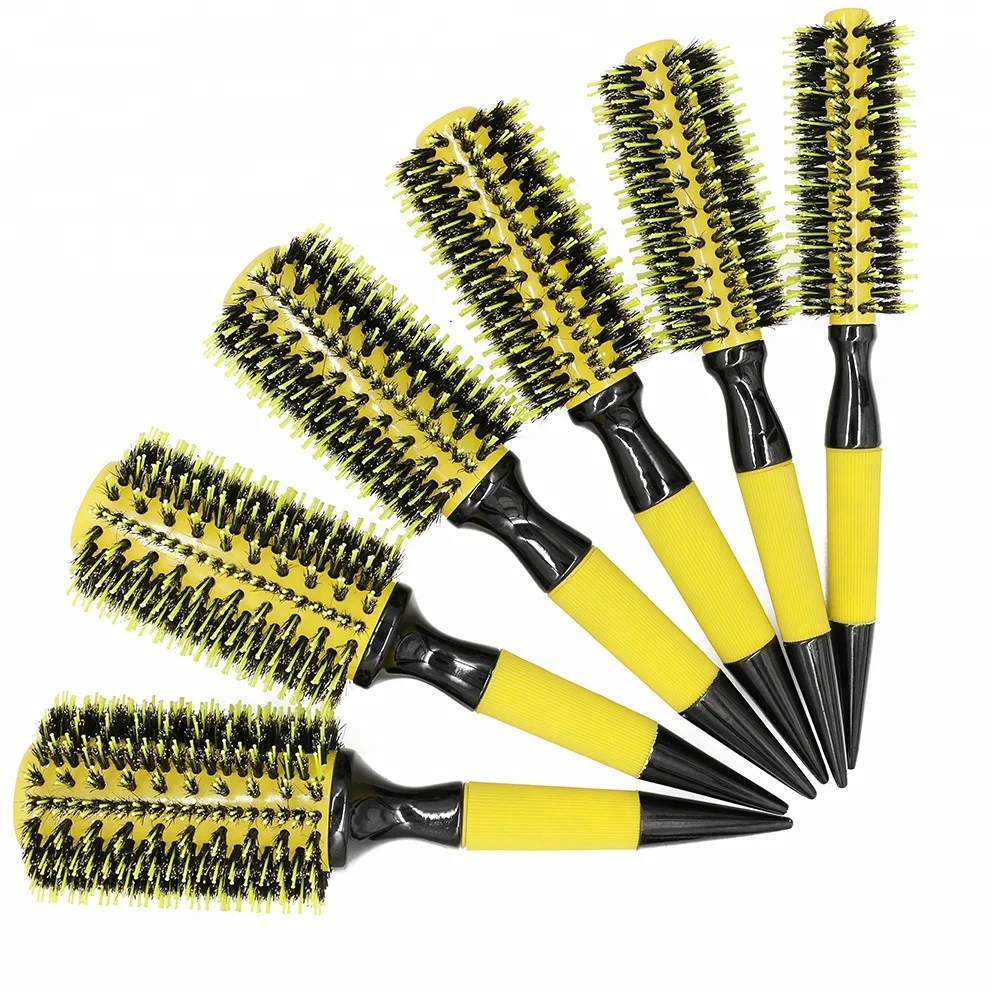 Shining Yellow Ceramic Coating Barrel Round Brush Boar Bristle Curling Hair Brush