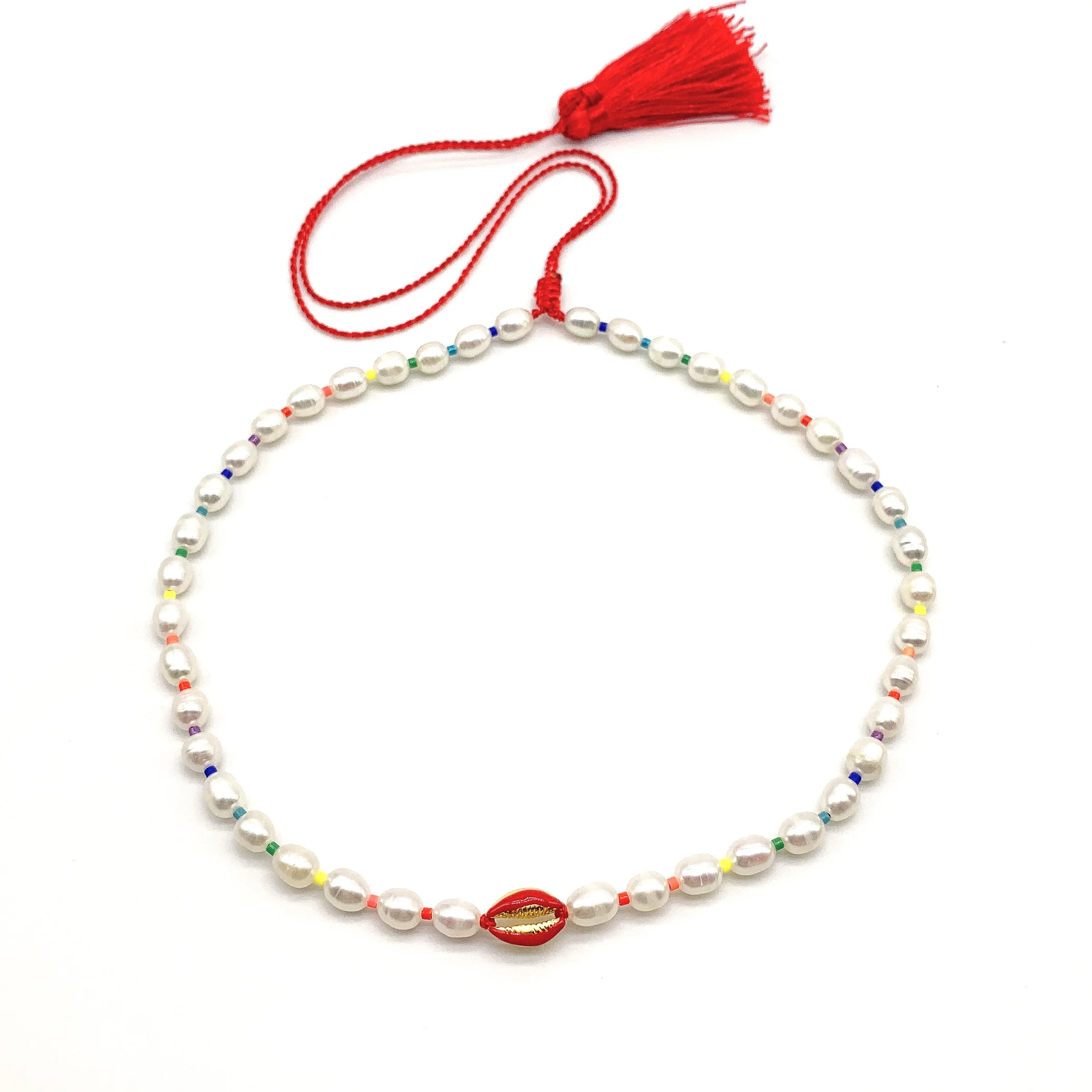 Popular pearl shell red tassel necklace design for womens and girls