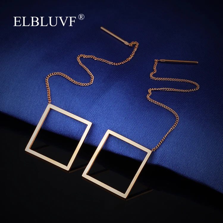 
ELBLUVF Free Shipping Stainless Steel Jewelry Rose Gold Plated Hollow Square Shape Tassel Big Earrings 