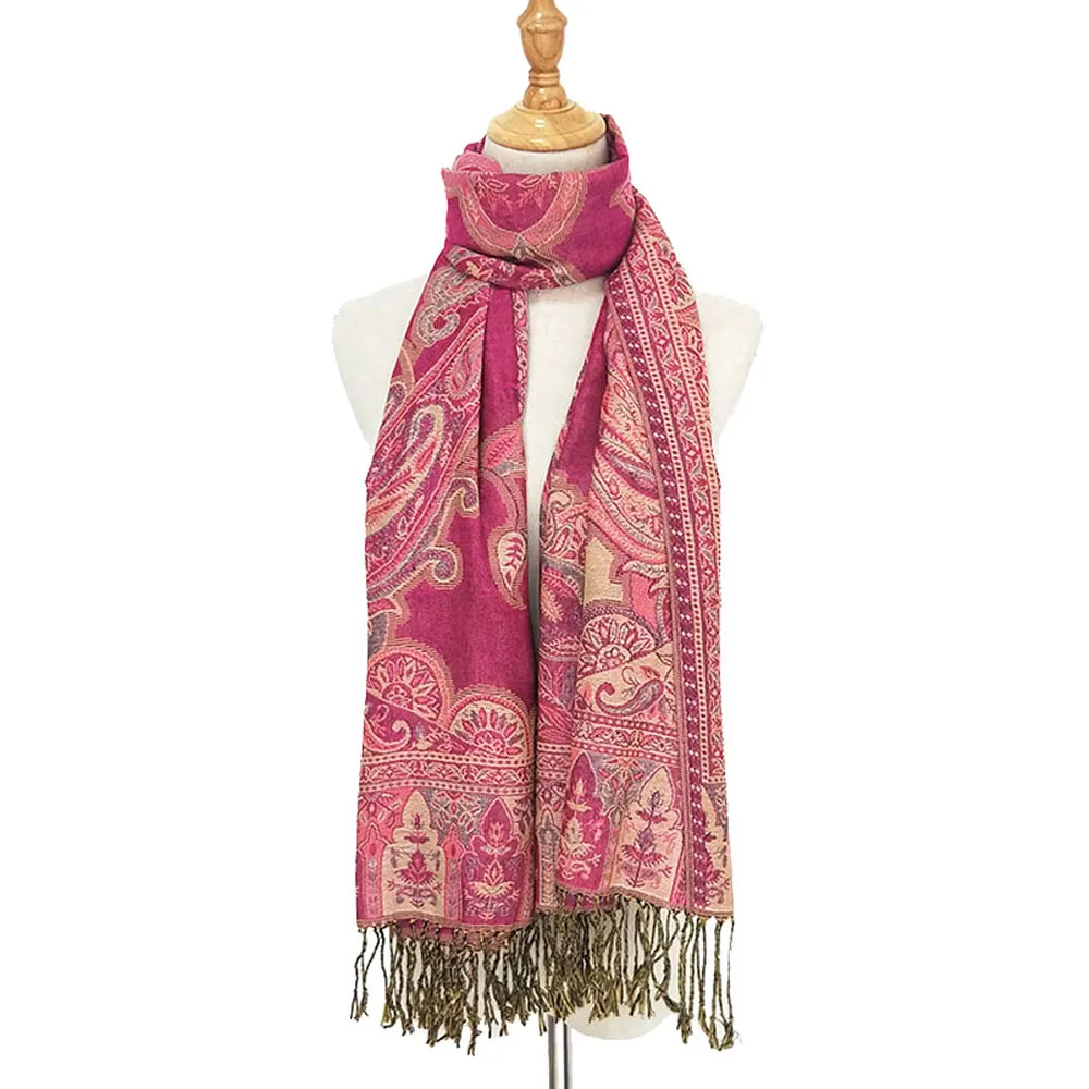 Newest pashmina hot saling shawl silk jacquard fashionable women scarf with fringe