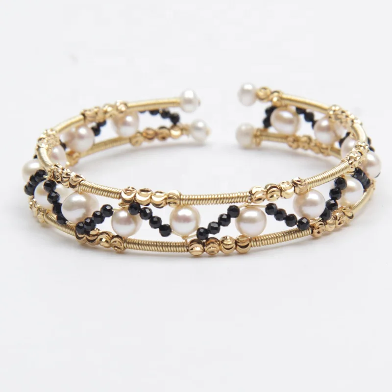 Handmade spinel freshwater pearl gold filled wire wrap pearl bracelet