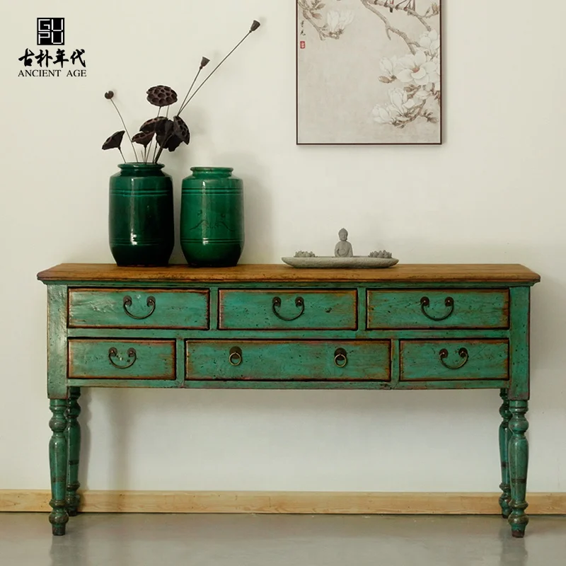 Wooden work reproduction console distressed vintage paint Chinese folk furniture console shabby chic console table with drawers