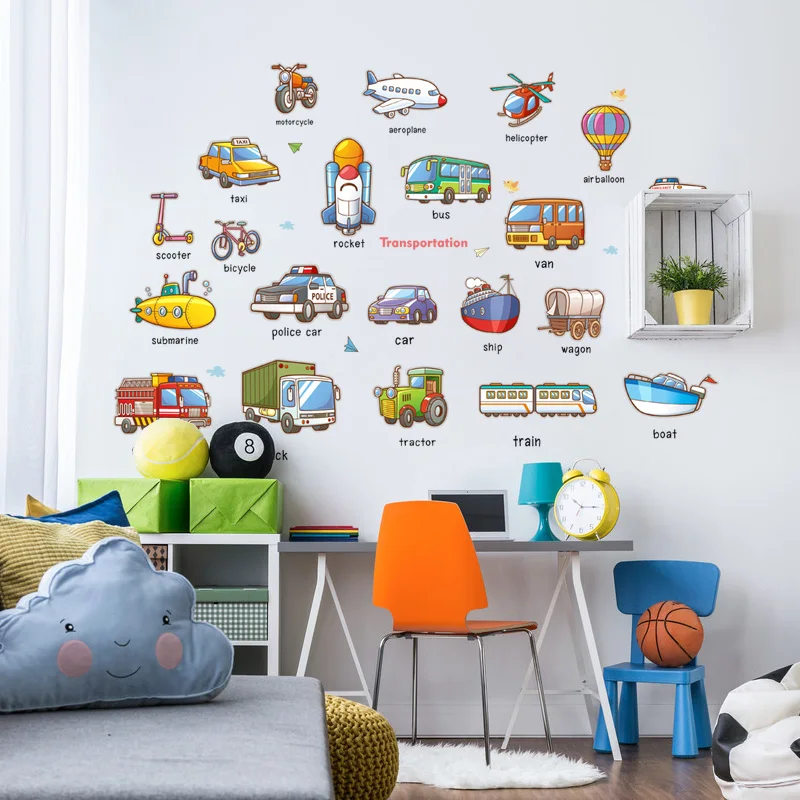 Kids Cartoon Mixed  Learning English Name Way of Transport Cars/Plane/Ship/Truck/Bus Children Kids Room Decoration Sticker