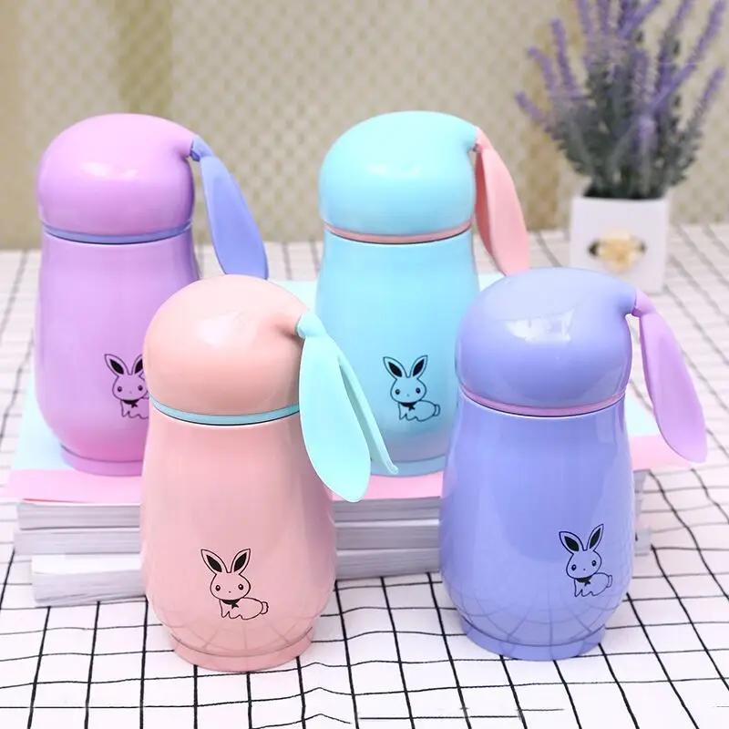 Cute Rabbit Thermos Vacuum Insulated Flask Cup For Children Double Wall Stainless Steel Pink Girl Cover With Lid and Rabbit Ears