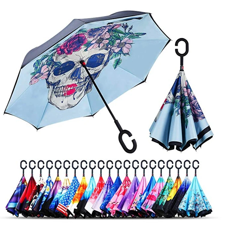 reverse umbrella with custom logo double layer flower print inside C  curve handle for promotional inverted umbrellas for rain