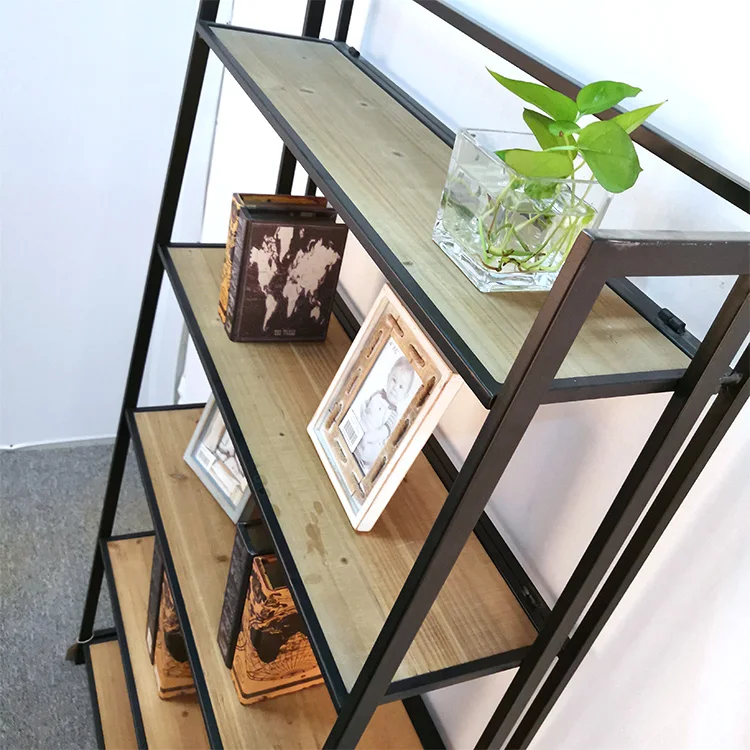 Furniture wall movable comic ladder tall metal iron pine wood modern cabinet organizer case book shelf