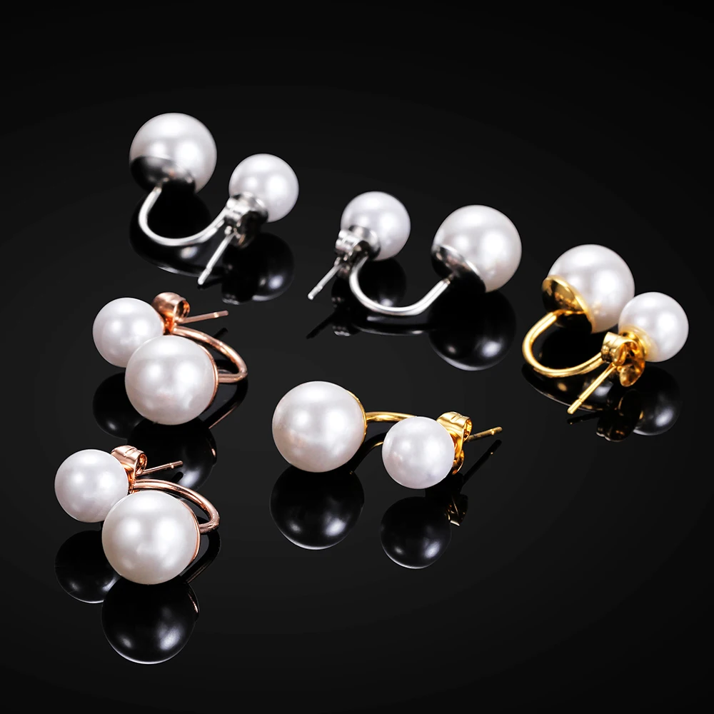 Wholesale Lots For sale Cheap Bulk Jewelry 3 Color Stainless Steel White Pearl Double Sided Earrings