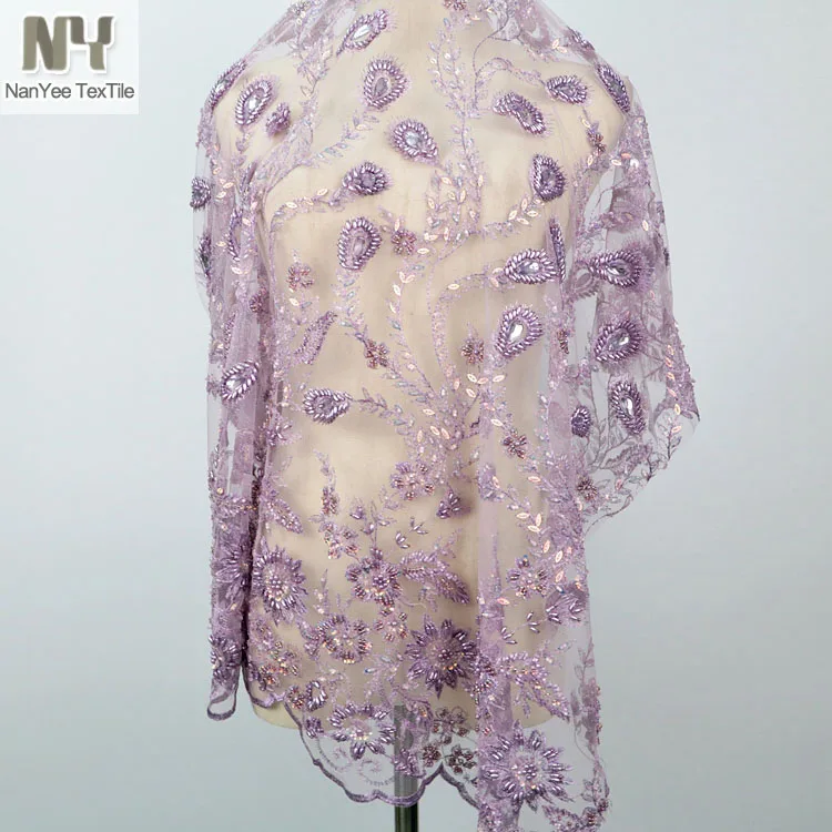 Nanyee Textile Sequin Beads Hand Embroidery On Net Fabric