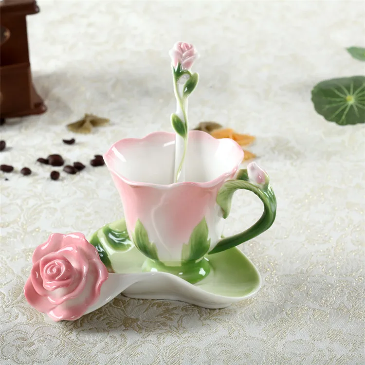 High quality promotion handmade Floral Pattern 3D Enamel Cup And Saucer Set Porcelain ceramic mug for gift