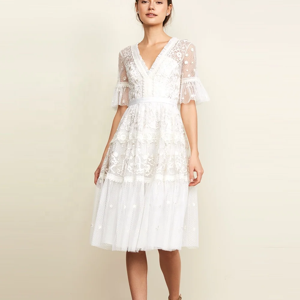 Fashion designer half sleeve dress women summer casual midi  dresses elegant white lace dress