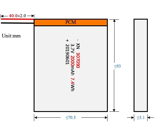 
Ultra Thin Lipo 307090 2000mAh 3.7V Lithium Polymer Battery 