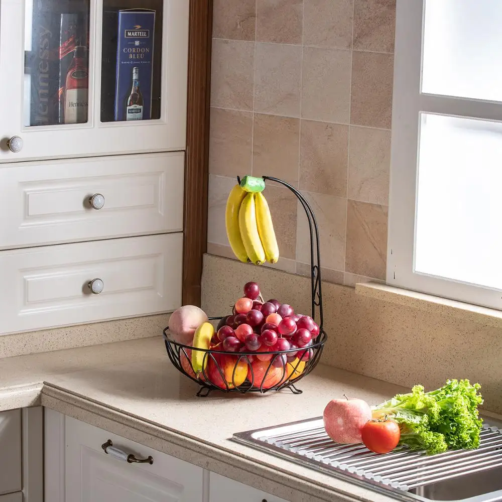 New Eco-Friendly Iron Wire Fruit Basket with Banana Holder Household Storage Hanger Stand Woven Features