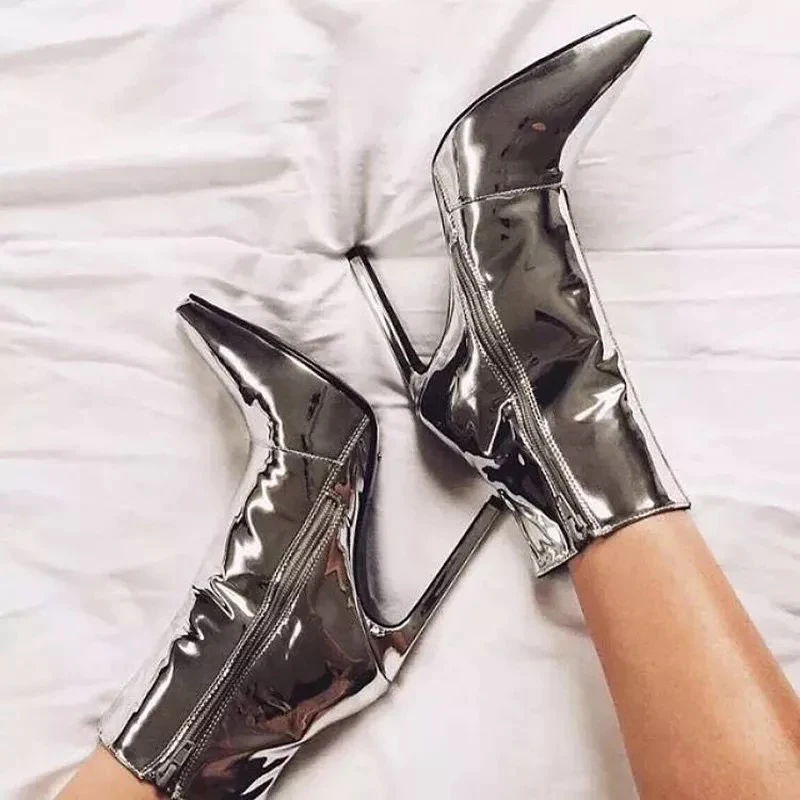 WETKISS Plus Size 45 Fashion 4 inch Stiletto Heels Booties Glossy PU Gold High Heel Boots Ladies Ankle Boots Women Winter Boots