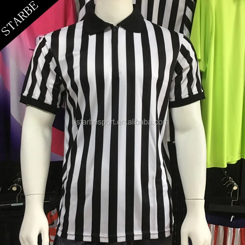 
custom sublimated black white striped referee jersey with elastic arm band 