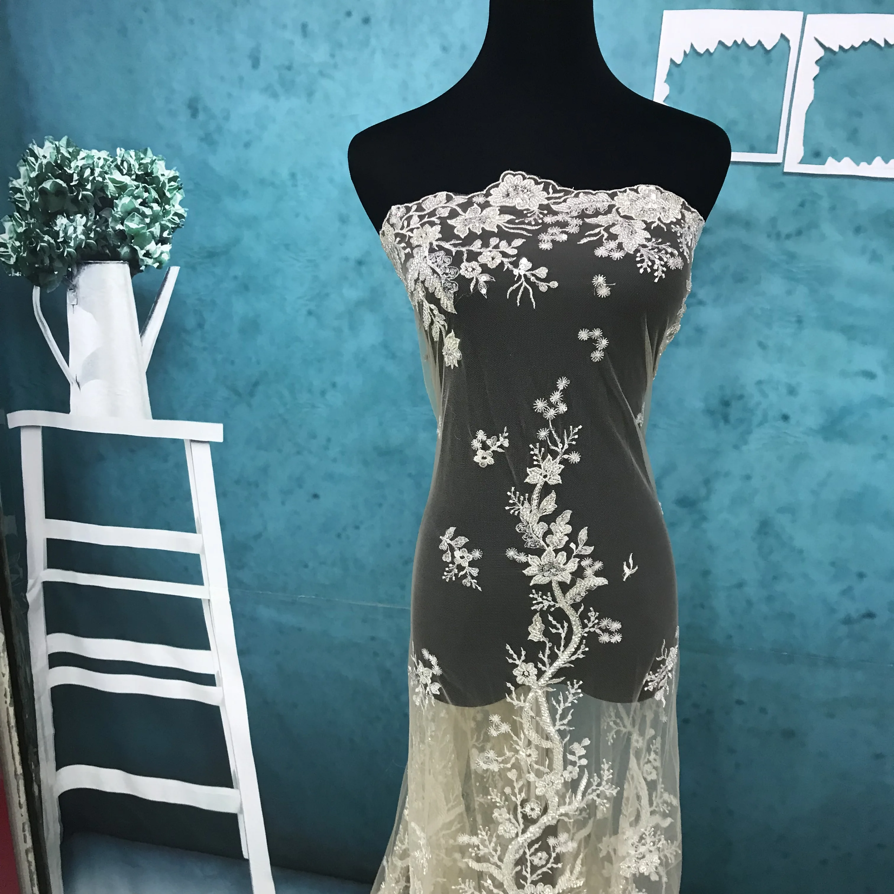 haute couture lace fabric encrusted beads design in stock