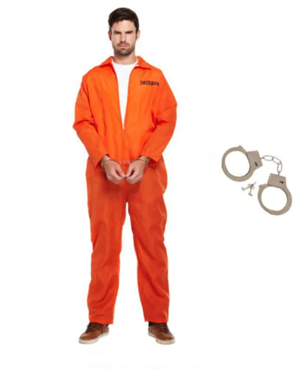Man Prisoner Overall Orange Costumes Party Fancy Dress Convict Costume