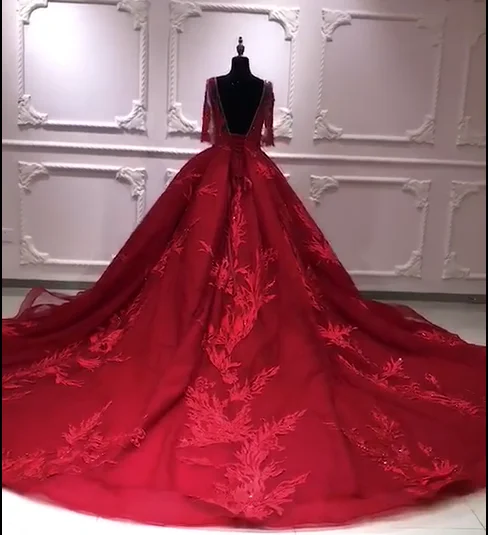 Red Wedding Dresses new Elegant Ball Gown Wedding Dresses 3/4 Sleeves Luxury Heavy Beaded Bridal Gowns Bridal Dresses