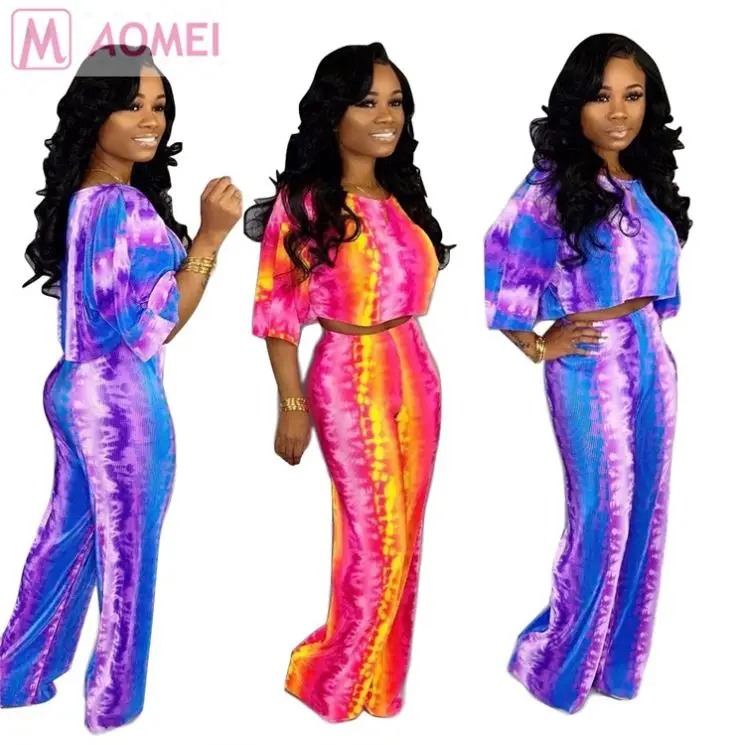 
A4007 stripe print short sleeve casual summer clothing woman outfit wide leg two piece set pants suit 