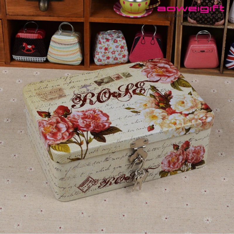 Custom Wedding Gift Rectangle Box With Lock Candy Tin Storage Treasure Chest Box