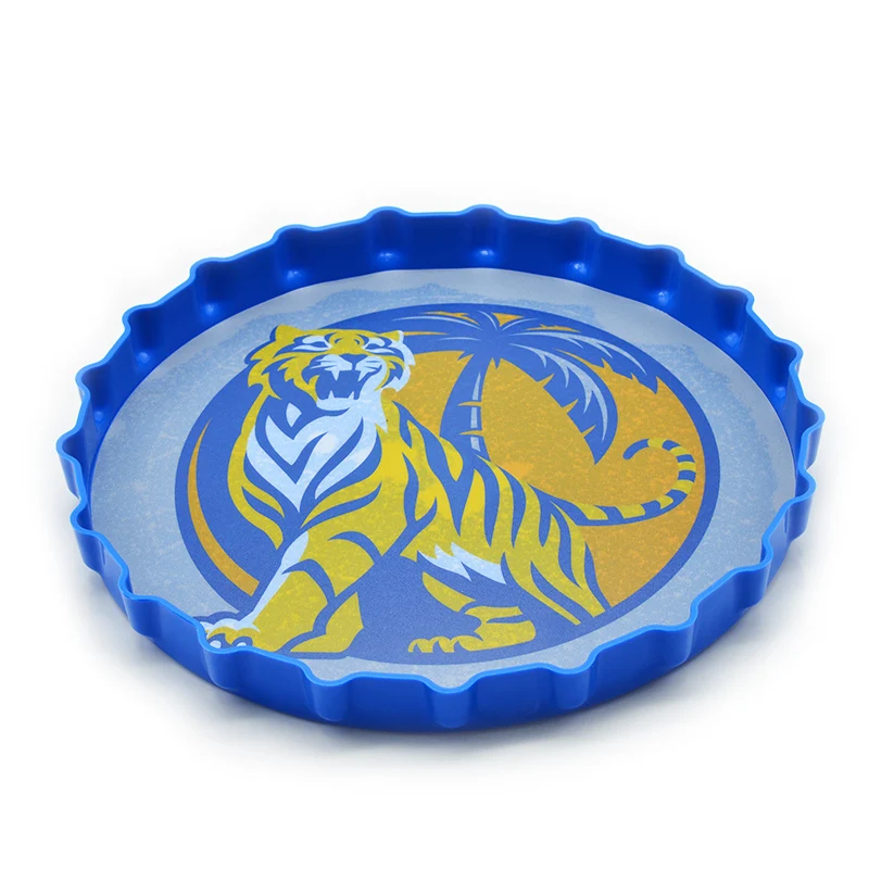 Promotion cheap beer bottle cap shape round plastic serving tray