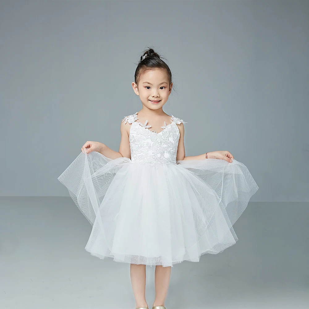 Wholesale lovely pink flower girl dress sleeveless bowknot dress and appliqued lace princess dress