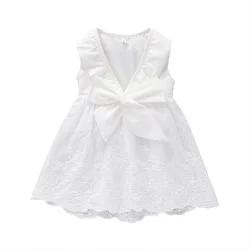 Boutique Wholesale Sleeveless Solid Backless Bow Baby Girl Dress Princess Summer Dress