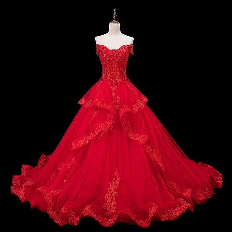
2019 new design off shoulder lace gowns gorgeous luxury crystal ball gown lace muslim red wedding dress 