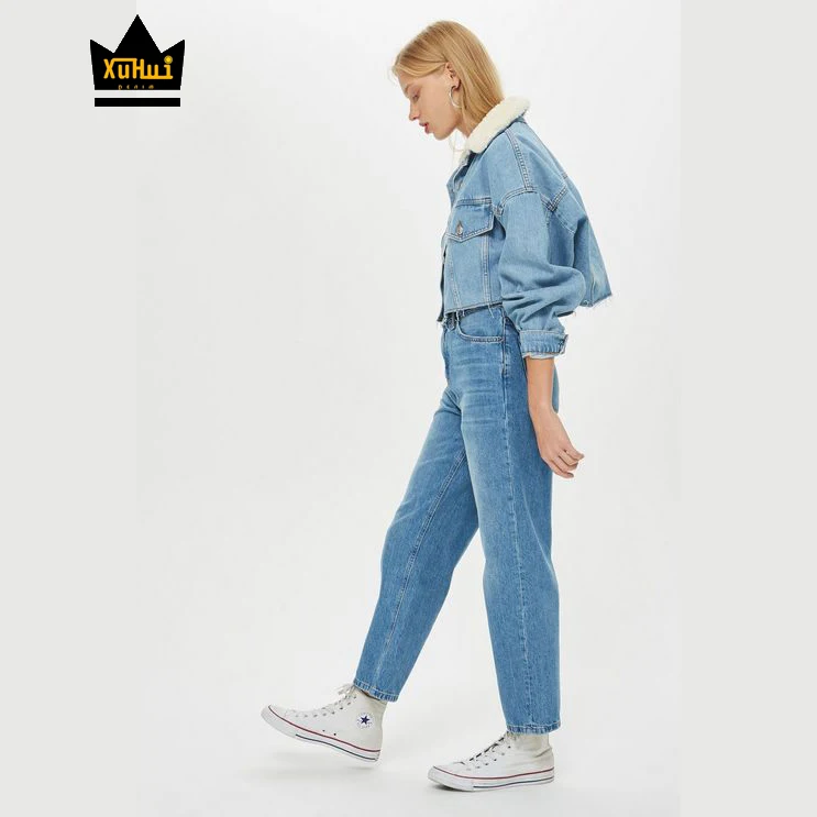 Best selling high quality jeans manufacture OEM borg fur denim jacket with fleece collar