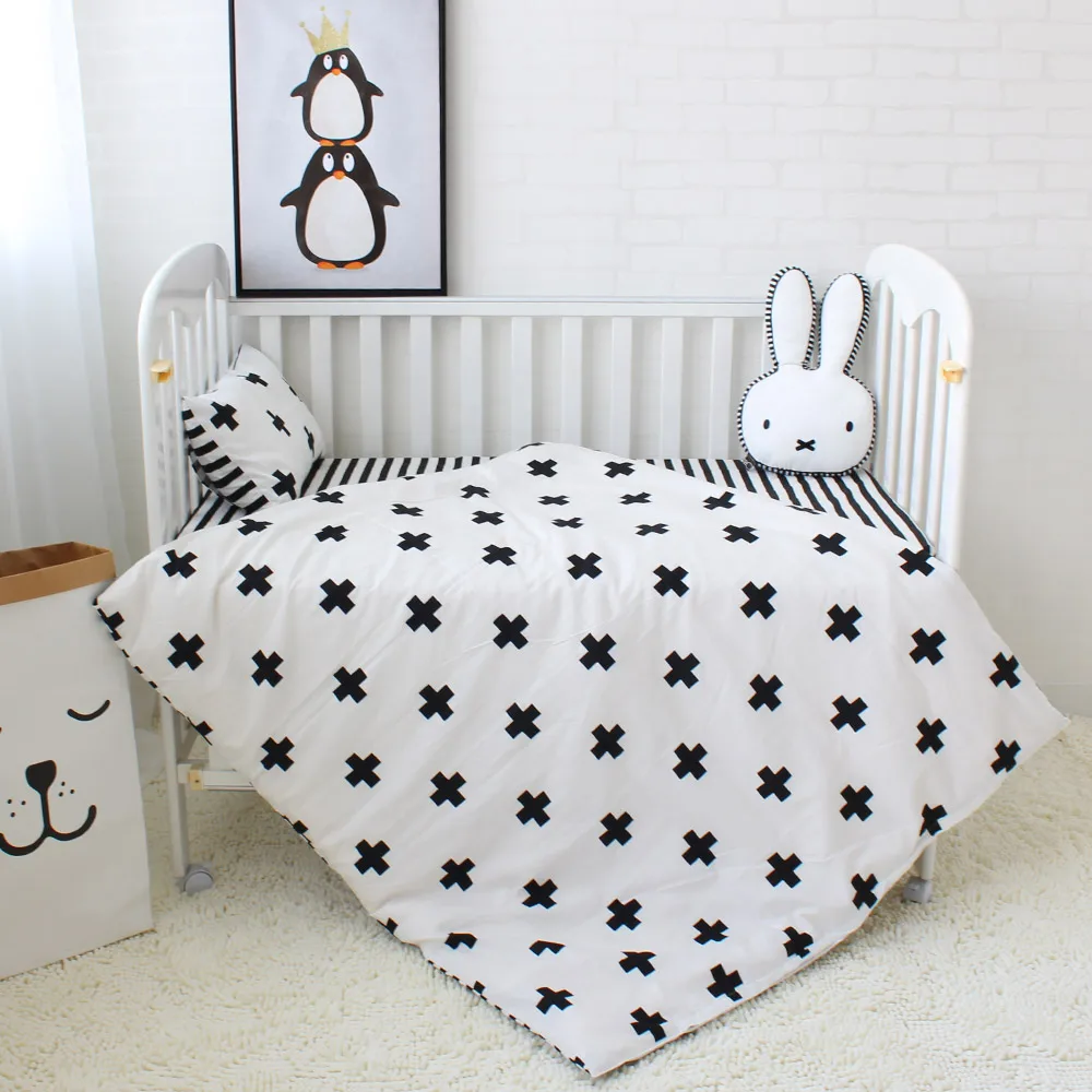 Plain color organic 100% cotton soft boy girl crib baby blanket quilt pillow cover 3 piece cot bedding set