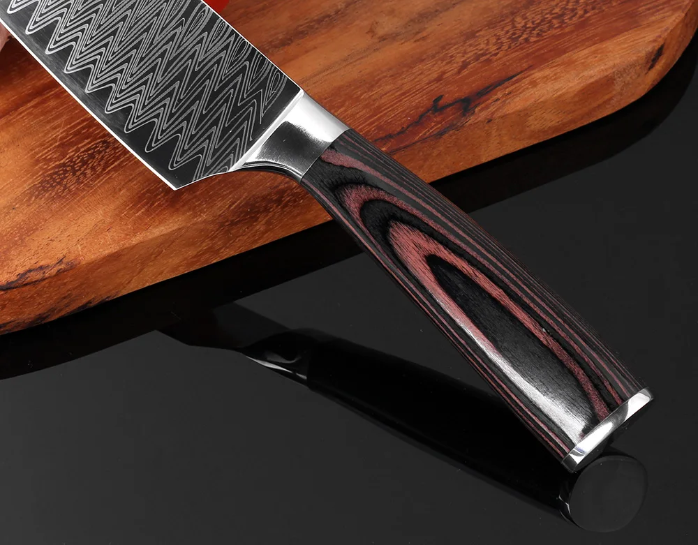 Damascus Laser Pattern Kitchen Knife Pakka Wood Handle 8 Inch Chef Knife