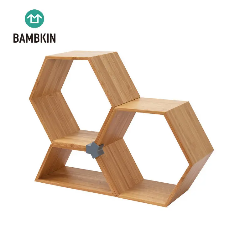
BAMBKIN Bamboo Hexagonal box showing stand decorative storage box book shelves book rack booxcase showcase 