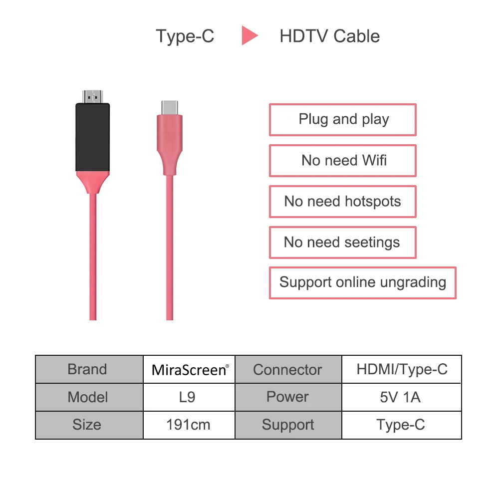 
2m Upgraded version PLUG AND PLAY, Type-c to HDTV Cable, Digital AV Adapter for iPhone 7/6/5 iPad Pro and iPod 