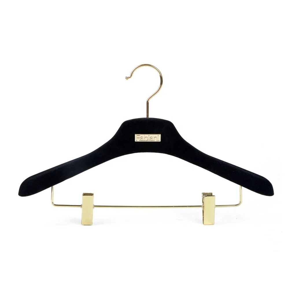 High quality custom anti-slip black wood velvet hanger for clothing with clips